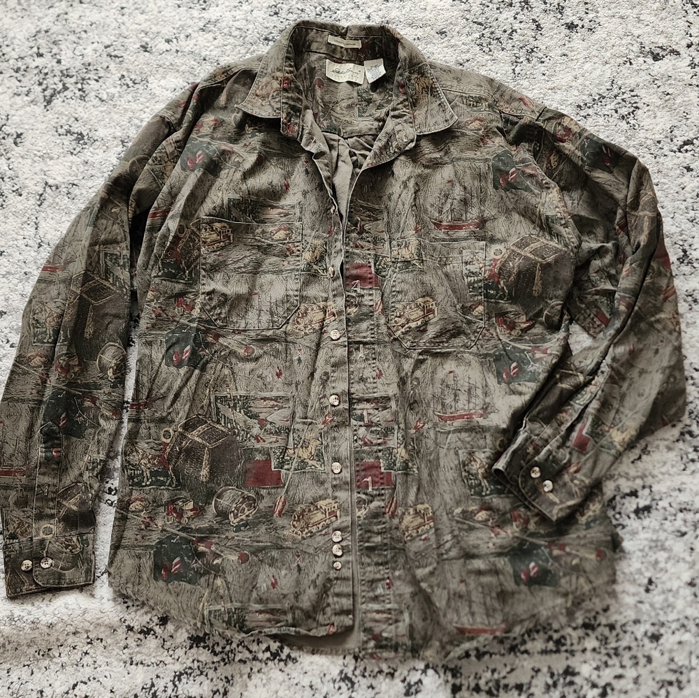 Eddie Bauer Elkhorn Canvas Button Up Shirt Printed Mens Size XXXL